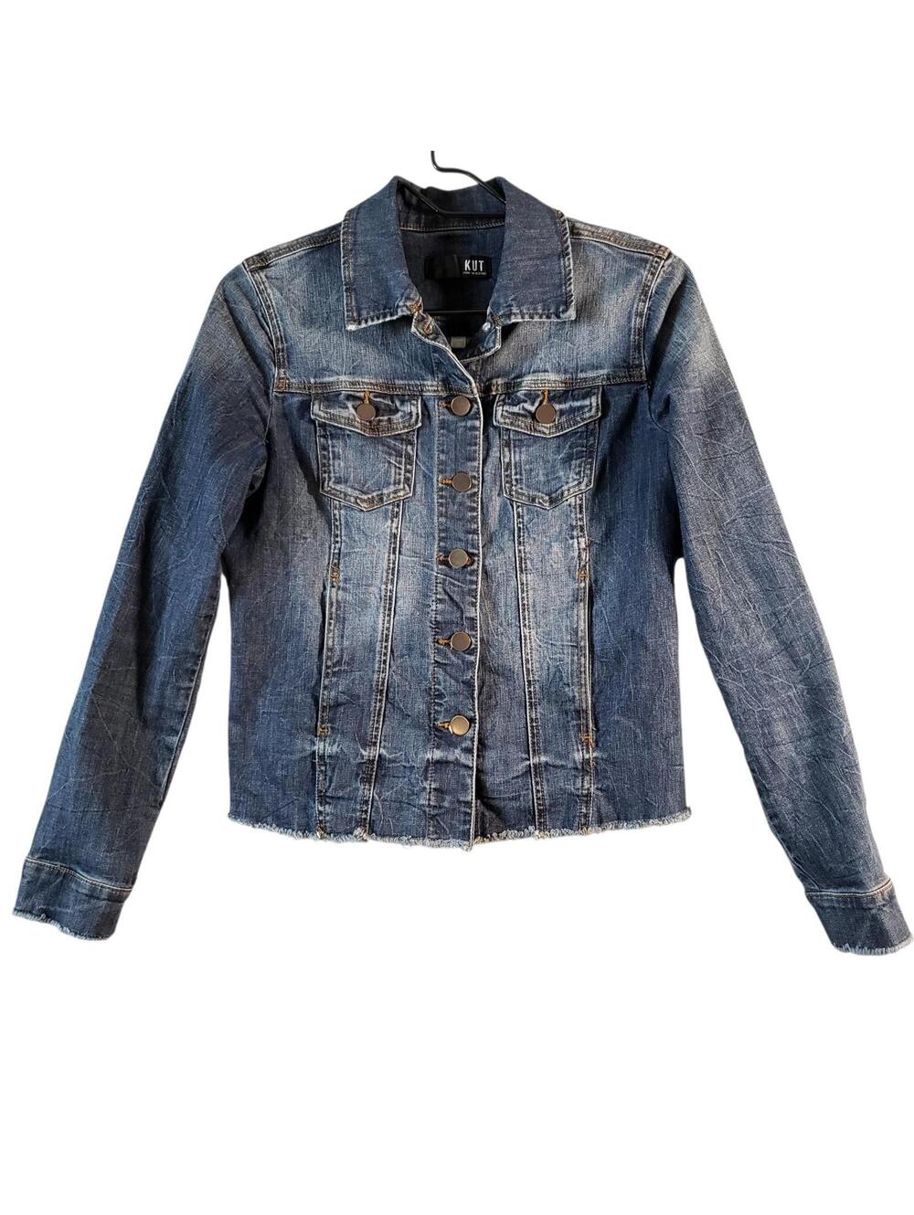KUT from the Kloth Women's Blue Denim Jacket XS Button Frayed Hem